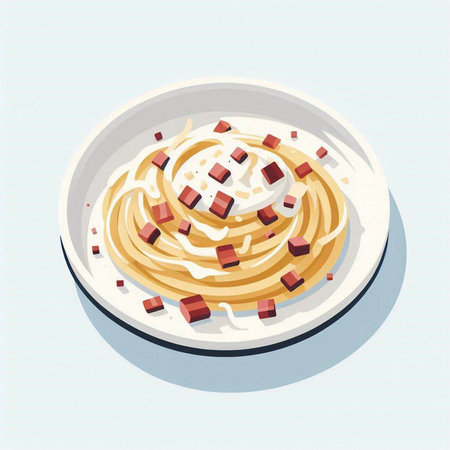 Spaghetti with cream sauce on a white plate. Vector illustration.のイラスト素材