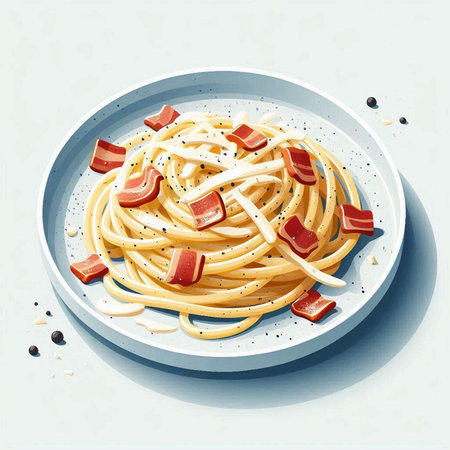 Spaghetti with ham, cheese and black pepper on a plate.のイラスト素材