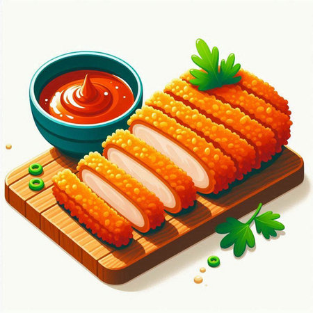 Illustration of a cutlet with sauce on a wooden cutting boardのイラスト素材