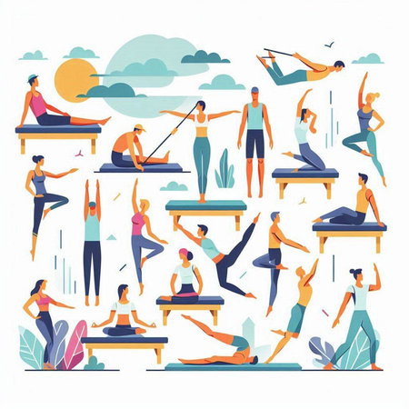 Set of yoga poses and exercises. Vector illustration in flat style.のイラスト素材