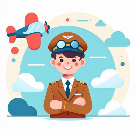 Aviator boy in uniform with airplane in the sky. Flat vector illustration.のイラスト素材