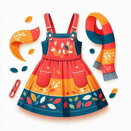Vector illustration of a cute dress with a pattern and a scarf.のイラスト素材