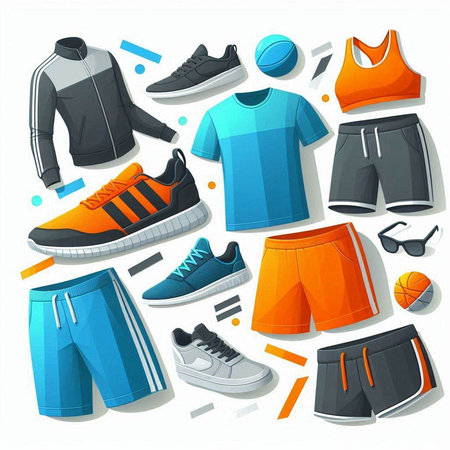 Set of sport clothing and accessories. Vector illustration in cartoon style.のイラスト素材