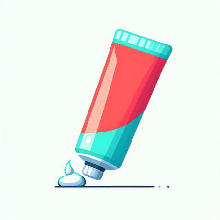 Illustration of a red tube of toothpaste with a drop on a white backgroundのイラスト素材