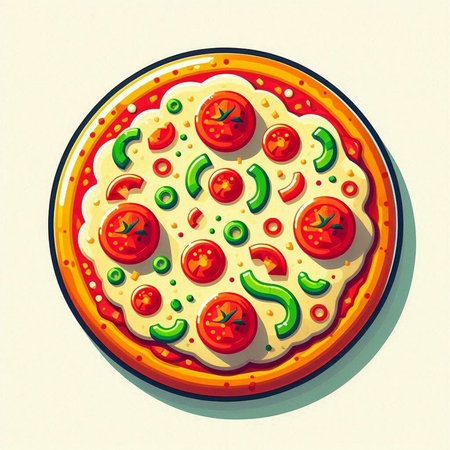 Pizza with tomato, pepper and cucumber. Vector illustration.のイラスト素材