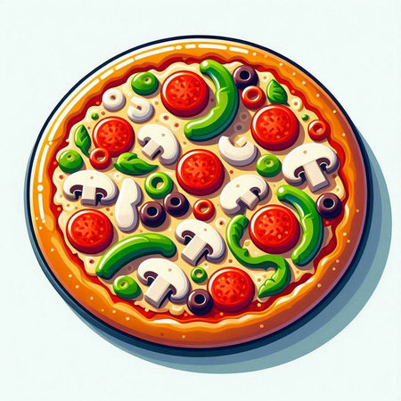 Pizza with mushrooms, tomatoes, olives and pepper. Vector illustration.のイラスト素材