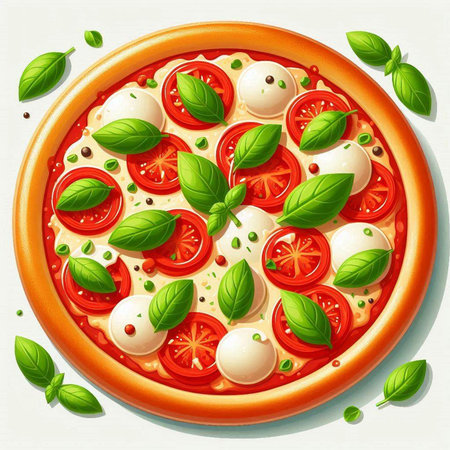 Pizza with mozzarella, tomatoes and basil. Vector illustration.のイラスト素材