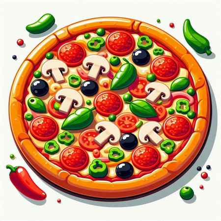 Pizza with tomato, olives and mushrooms. Vector illustration.のイラスト素材