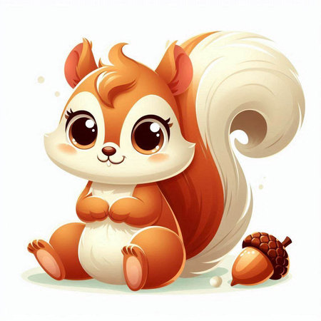 Cute cartoon squirrel sitting with acorn and acorn. Vector illustration.のイラスト素材