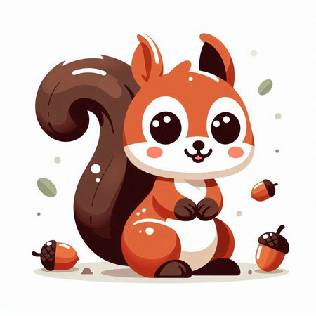 Cute cartoon squirrel sitting on the ground with acorns. Vector illustration.のイラスト素材