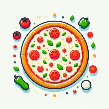 Pizza with mozzarella, tomato and basil. Vector illustrationのイラスト素材