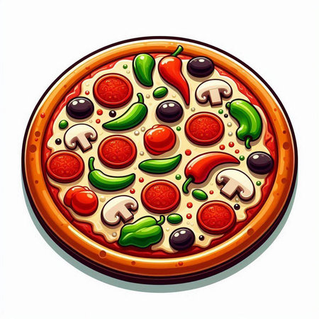 Pizza with pepperoni, mushrooms and olives. Vector illustrationのイラスト素材