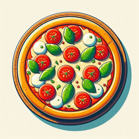 Pizza with mozzarella, tomatoes and basil. Vector illustration.のイラスト素材