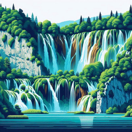 Waterfall in the forest. Waterfall in the mountains. Vector illustration.のイラスト素材