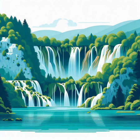 Waterfall on the river. Landscape with waterfalls. Vector illustration.のイラスト素材