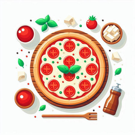 Pizza with mozzarella cheese, tomatoes and basil. Vector illustrationのイラスト素材