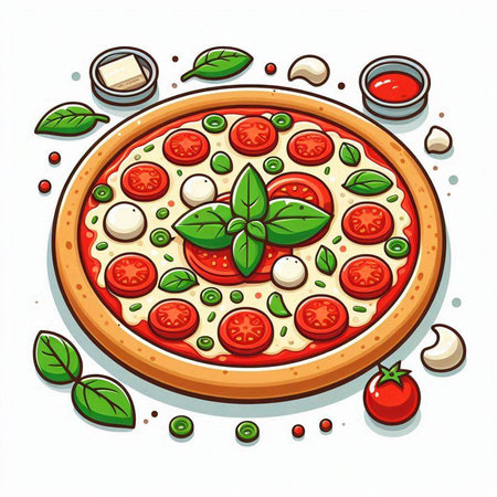 Pizza with mozzarella, tomatoes and basil. Vector illustration.のイラスト素材