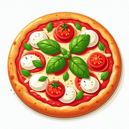 Illustration of a pizza with mozzarella, tomato and basilのイラスト素材