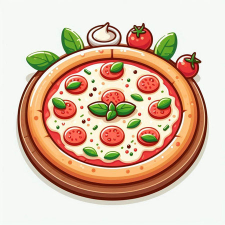 Pizza with tomato, mozzarella and basil. Vector illustration.のイラスト素材