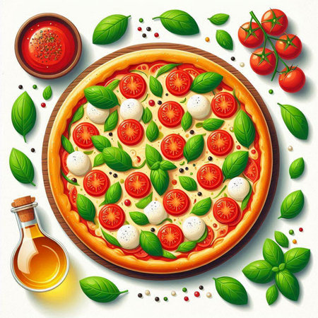 Pizza with mozzarella, tomatoes and basil. Vector illustrationのイラスト素材