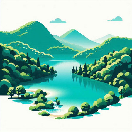 Vector illustration of a beautiful landscape with mountains, lake and forest.のイラスト素材