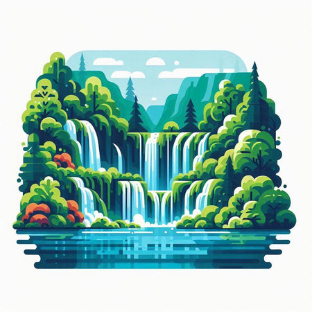 Waterfall in the forest. Vector illustration of a flat style.のイラスト素材