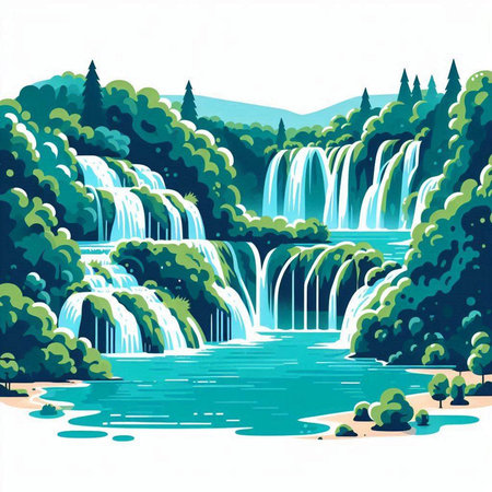 Waterfall on the river. Vector illustration of a summer landscape.のイラスト素材
