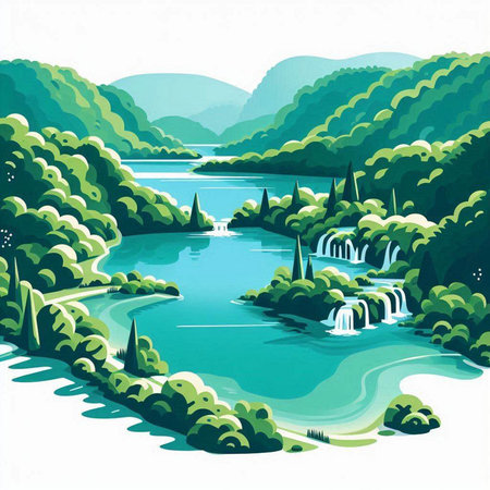 Landscape with lake and waterfall in the forest. Vector illustration.のイラスト素材