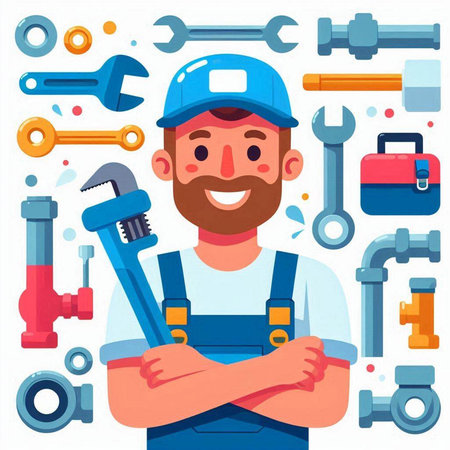 Plumber with wrench and plumbing tools. Vector illustration in flat styleのイラスト素材