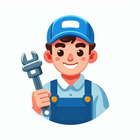 Plumber in uniform with wrench. Vector illustration in cartoon style.のイラスト素材