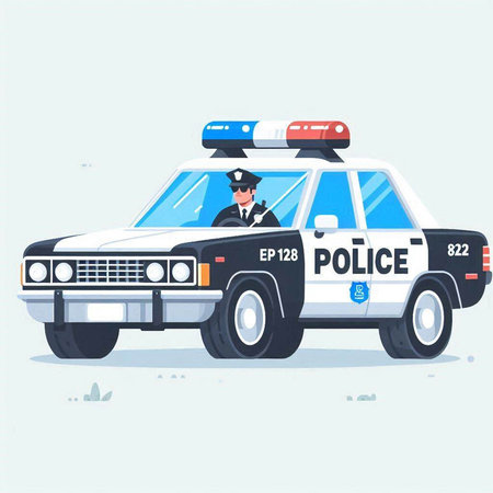 Police car vector illustration. Cartoon police car with policeman on white background.のイラスト素材