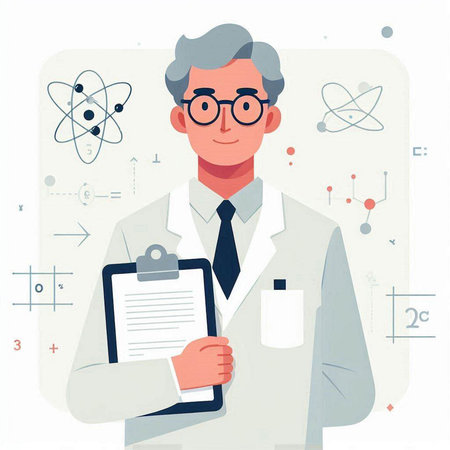 Scientist with clipboard. Vector illustration in flat style on white background.のイラスト素材