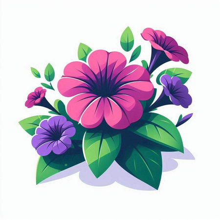 Illustration of a beautiful pink flower with green leaves on a white backgroundのイラスト素材