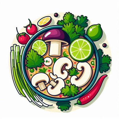 Illustration of a bowl of noodle soup with mushrooms and vegetablesのイラスト素材