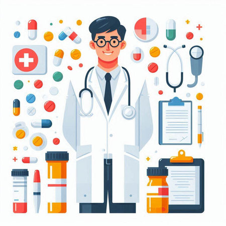 Doctor in white coat with stethoscope and medical objects. Vector illustrationのイラスト素材