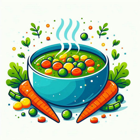 Vegetable soup in bowl with carrots and peas. Vector illustration.のイラスト素材