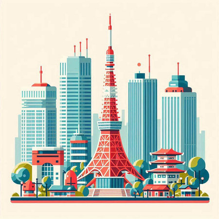 Tokyo, Japan. Cityscape with Tokyo tower. Vector illustrationのイラスト素材