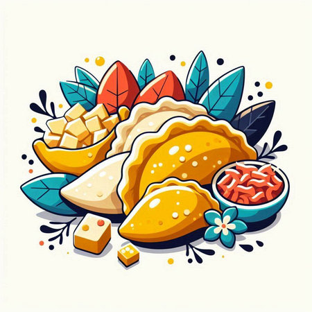 Vector illustration of indian dumplings with rice, vegetables and spices.のイラスト素材