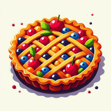 Vector illustration of a pie with berries on a beige background.のイラスト素材