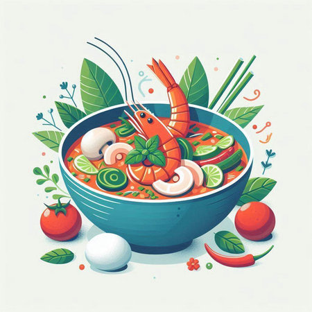 tom yam soup with shrimps and vegetables, vector illustrationのイラスト素材