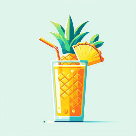Summer cocktail with pineapple and straw. Vector illustration in cartoon style.のイラスト素材