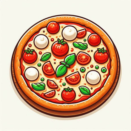 Pizza with mozzarella, tomato and basil. Vector illustrationのイラスト素材