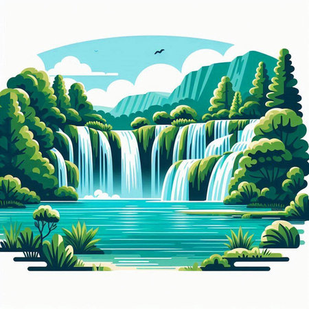 Waterfall in the forest. Vector illustration in a flat style.のイラスト素材