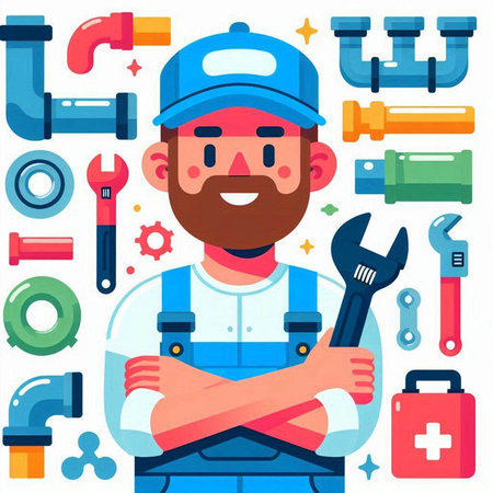 Plumber with crossed arms and set of plumbing tools. Vector illustrationのイラスト素材