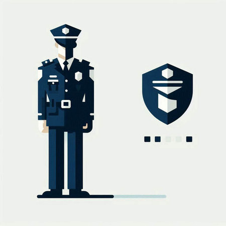 Policeman with security shield. Vector illustration in flat style.のイラスト素材