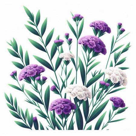 Violet and white carnation flowers with green leaves on white backgroundのイラスト素材