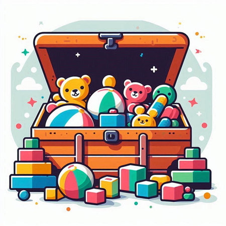 Vector illustration of a wooden box full of toys. Cartoon style.のイラスト素材