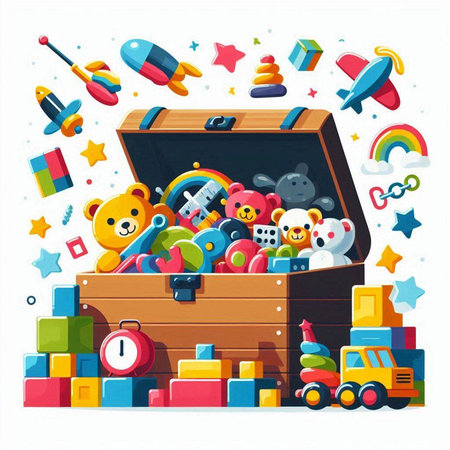 Colorful vector illustration of a wooden box full of different toys.のイラスト素材
