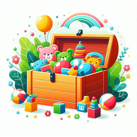 Toys in a wooden box. Vector illustration in cartoon style.のイラスト素材