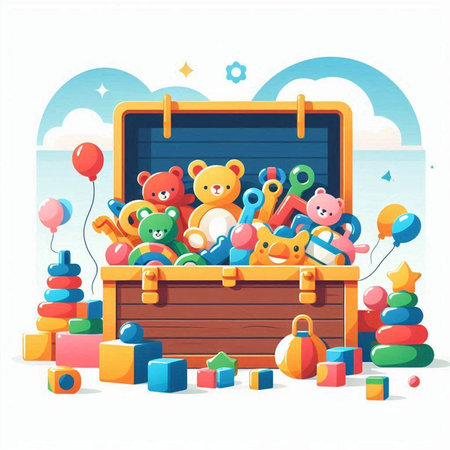 Colorful vector illustration of children's toys in a wooden box.のイラスト素材